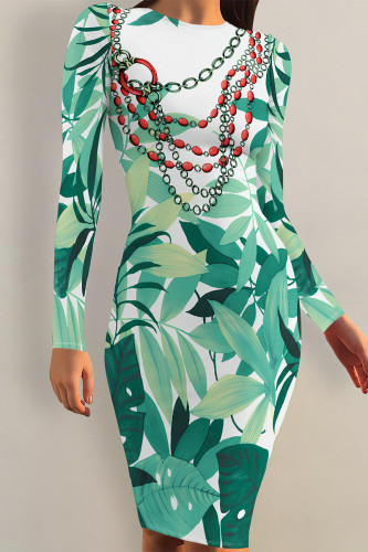 White Green Casual Chain print Leaves Contrast O Neck Printed Dresses