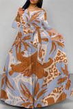 Beige Elegant Floral Print Pocket With Belt Contrast O Neck Printed Dresses