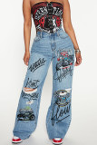 Black Gray Casual Print Ripped Pocket Patchwork Mid Waist Loose Denim Jeans