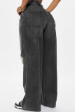 Dark Blue Casual Solid Color Ripped Pocket Mid Waist Loose Denim Jeans