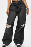 Dark Blue Casual Solid Color Ripped Pocket Mid Waist Loose Denim Jeans