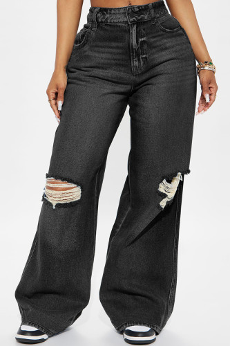 Black Gray Casual Solid Color Ripped Pocket Mid Waist Loose Denim Jeans