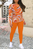 Rose Red Casual Geometric Print Contrast O Neck Long Sleeve Two Pieces