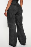 Black Gray Casual Print Ripped Pocket Patchwork Mid Waist Loose Denim Jeans