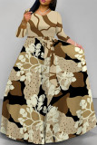 Beige Elegant Floral Print Pocket With Belt Contrast O Neck Printed Dresses