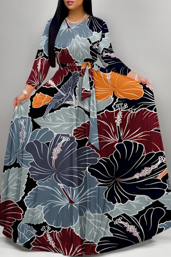 Blue Black Elegant Floral Print Pocket With Belt Contrast O Neck Printed Dresses