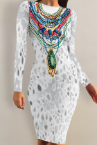 White Grey Casual Chain print Leaves Contrast O Neck Printed Dresses