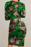 Light Purple Elegant Floral Print Contrast O Neck Printed Dresses