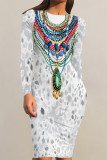 White Red Casual Chain print Leaves Contrast O Neck Printed Dresses