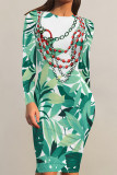 White Red Casual Chain print Leaves Contrast O Neck Printed Dresses