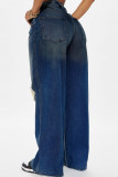 Dark Blue Casual Solid Color Ripped Pocket Mid Waist Loose Denim Jeans