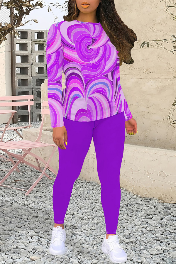 Purple Casual Geometric Print Contrast O Neck Long Sleeve Two Pieces