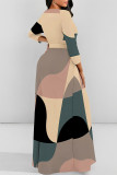Beige Elegant Floral Print Pocket With Belt Contrast O Neck Printed Dresses