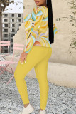 Rose Red Casual Geometric Print Contrast O Neck Long Sleeve Two Pieces