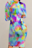 Black Red Casual Floral Print Tie Dye Contrast O Neck Printed Dresses