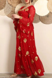 Red Elegant Print Patchwork Square Neck Long Dresses