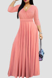Pink Casual Solid Color Patchwork V Neck Long Dresses