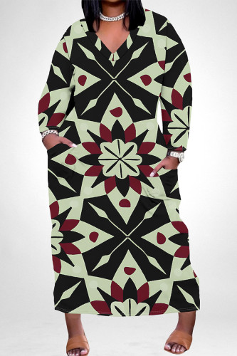 Green Yellow Casual Geometric Print Snakeskin Print Pocket Contrast V Neck Printed Plus Size Dresses