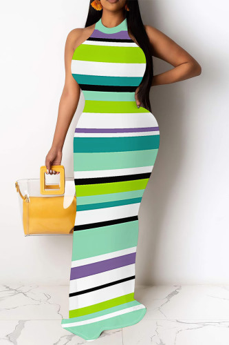Green Casual Plaid Striped Print Gradient Contrast O Neck Long Dresses