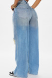 Dark Blue Casual Solid Color Ripped Pocket Mid Waist Loose Denim Jeans