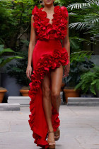 Red Sexy Solid Color Backless Irregular Deep V Neck Sleeveless Two Pieces