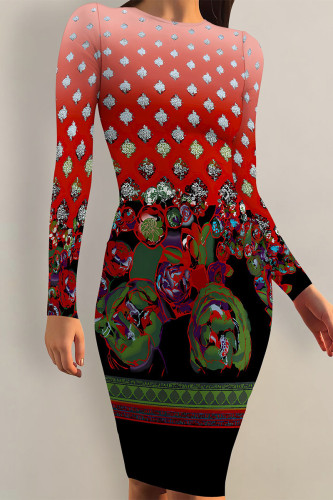 Black Red Casual Floral Print Tie Dye Contrast O Neck Printed Dresses