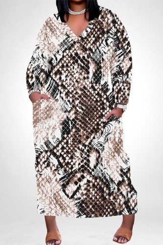 Snake Print Casual Geometric Print Snakeskin Print Pocket Contrast V Neck Printed Plus Size Dresses