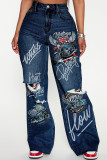 Black Gray Casual Print Ripped Pocket Patchwork Mid Waist Loose Denim Jeans