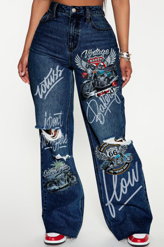 Dark Blue Casual Print Ripped Pocket Patchwork Mid Waist Loose Denim Jeans