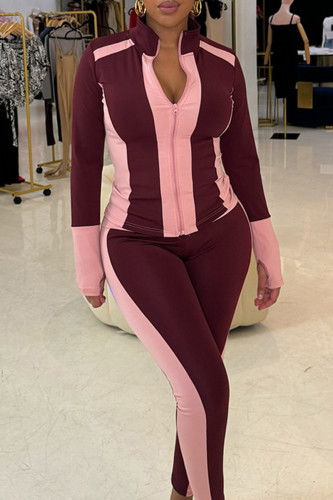 Burgundy Casual Zipper Solid Color Zipper Collar Long Sleeve Two Pieces