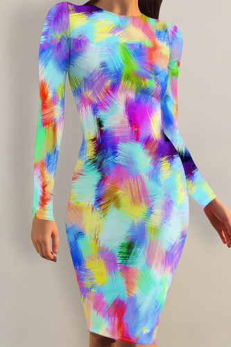 Gradient Color Casual Floral Print Tie Dye Contrast O Neck Printed Dresses