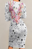 White Red Casual Chain print Leaves Contrast O Neck Printed Dresses