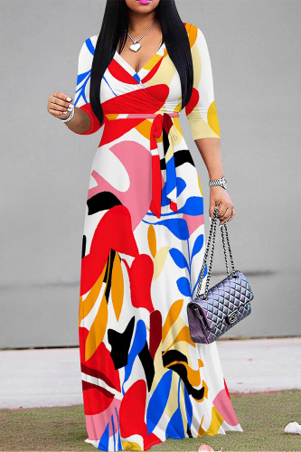 White Elegant Floral Print Pocket With Belt Contrast V Neck Printed Dresses