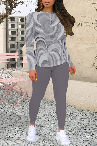 Grey Casual Geometric Print Contrast O Neck Long Sleeve Two Pieces