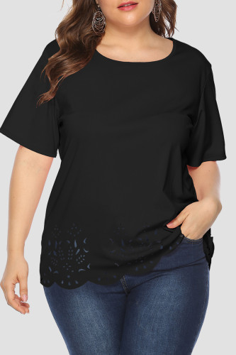 Black Casual Solid Color Hollow Out Patchwork O Neck Plus Size Tops