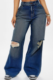 Dark Blue Casual Solid Color Ripped Pocket Mid Waist Loose Denim Jeans