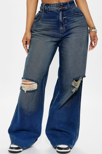 Dark Blue Casual Solid Color Ripped Pocket Mid Waist Loose Denim Jeans