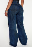 Black Gray Casual Print Ripped Pocket Patchwork Mid Waist Loose Denim Jeans