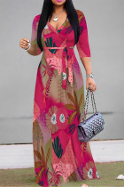 Rose Red Elegant Floral Print Pocket With Belt Contrast V Neck Printed Dresses