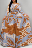 Beige Elegant Floral Print Pocket With Belt Contrast O Neck Printed Dresses