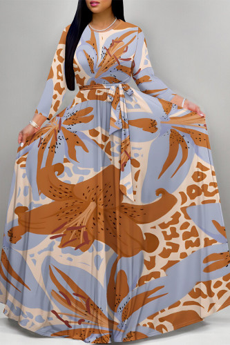 Blue Purple Elegant Floral Print Pocket With Belt Contrast O Neck Printed Dresses