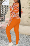Rose Red Casual Geometric Print Contrast O Neck Long Sleeve Two Pieces