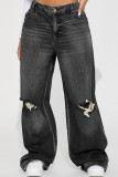 Dark Blue Casual Solid Color Ripped Pocket Mid Waist Loose Denim Jeans