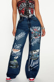 Black Gray Casual Print Ripped Pocket Patchwork Mid Waist Loose Denim Jeans