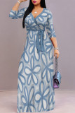 Rose Red Elegant Floral Print Pocket With Belt Contrast V Neck Printed Dresses
