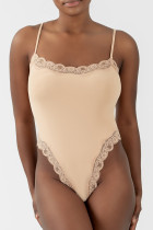 Skin Color Daily Solid Color Lace Patchwork Spaghetti Strap Skinny Bodysuits