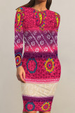 Black Red Casual Floral Print Tie Dye Contrast O Neck Printed Dresses