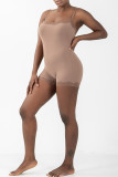 Coffee Sportswear Solid Color Lace Patchwork Spaghetti Strap Skinny Rompers