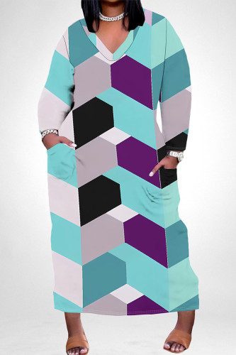 Light Blue Casual Geometric Print Snakeskin Print Pocket Contrast V Neck Printed Plus Size Dresses