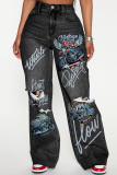 Black Gray Casual Print Ripped Pocket Patchwork Mid Waist Loose Denim Jeans